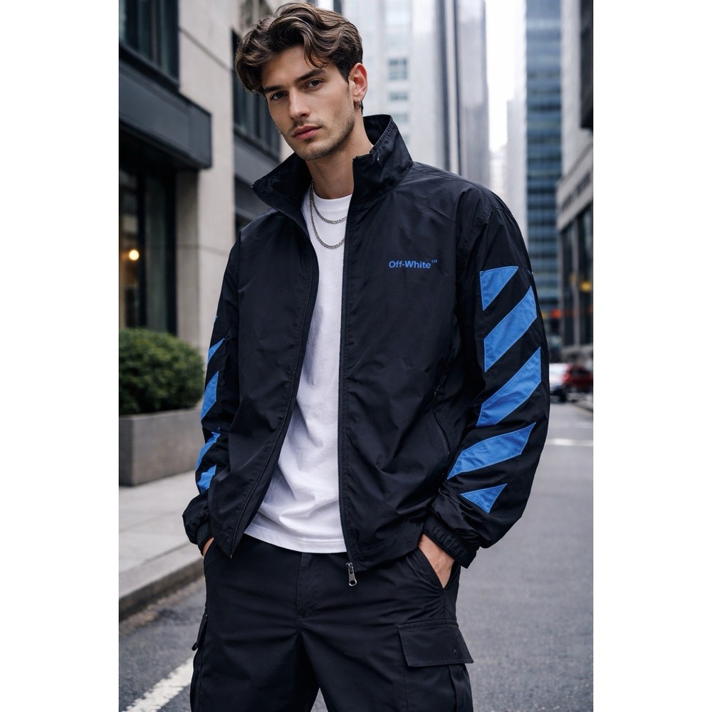 Off White Windbreaker Jacket Mens M Black Blue Diagonal Virgil Abloh Styling